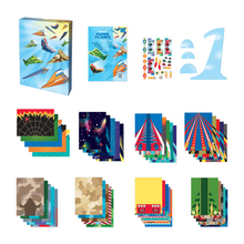 Load image into Gallery viewer, Image of the Totally Paper Planes materials which Includes: 40 sheets of origami paper in 2 sizes, 8 airplane model folding designs, 2 sticker sheets, 1 sheet of cutting paper, 2 cards with press-out figures and airplane stand and instructions, all in a cool keepsake storage box made from recycled cardboard.
