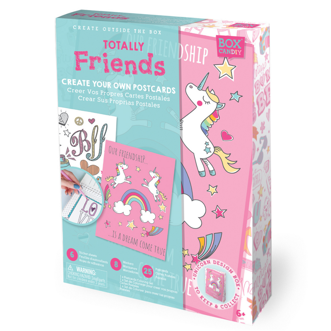Boxed Image of Totally Friends! Create Your Own Postcards that has unicorns and completed postcards on the packaging. 