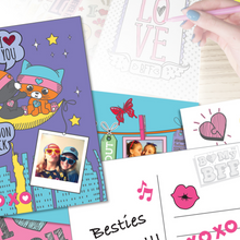 Load image into Gallery viewer, Image of completed colorful friends postcards. 
