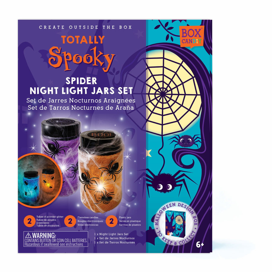 Boxed image of the Totally Spooky Spider Night Light Jars Set.
