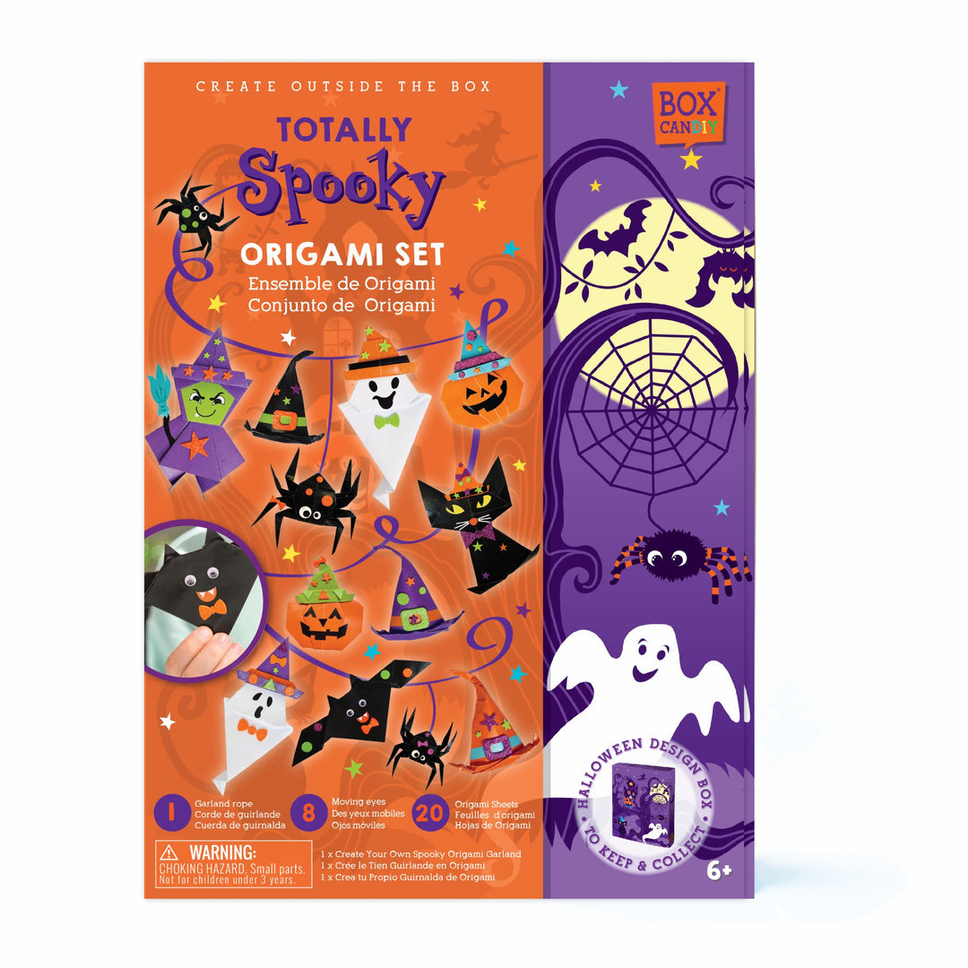 Boxed image of Totally Spooky Origami Set that shows the completed halloween origami garland on the front. 