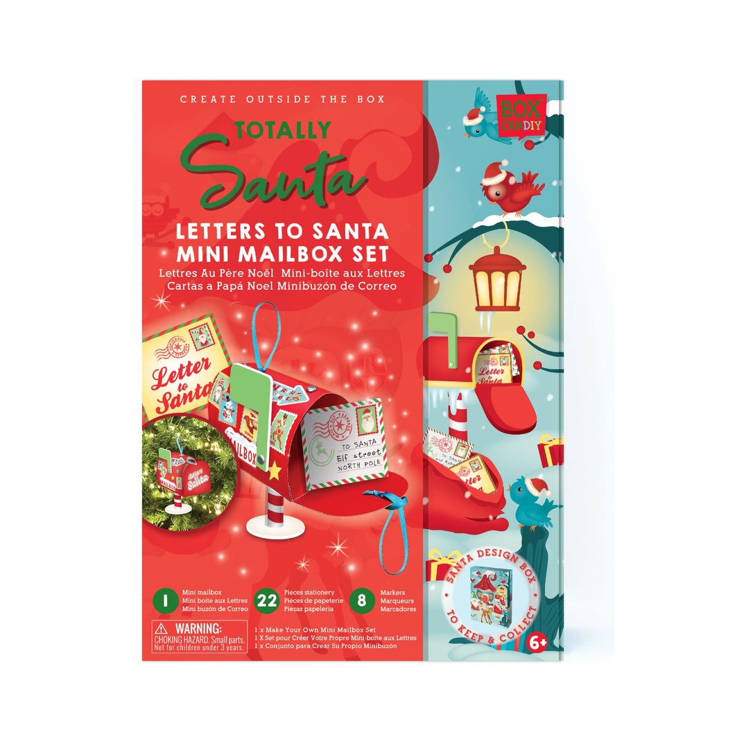 Boxed image of Totally Santa Letters to Santa Mini Mailbox Set that shows a mailbox with Santa mail inside of it. 