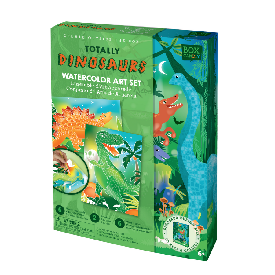 Image of the Totally Dinosaurs Watercolor Art Set box with dinosaurs and completed art on the front.