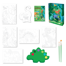 Load image into Gallery viewer, Image of the Totally Dinosaurs Watercolor Art Set  everything inside the box. It Includes: 5 watercolor sheets, 1 watercolor door hanger, 1 wide tip and 1 fine tip brush, 1 dinosaur-shaped paint palette with 6 watercolors and instructions, all in a colorful keepsake storage box made from recycled cardboard.
