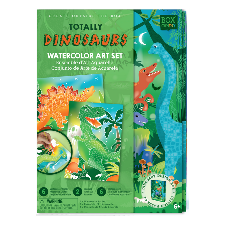 Image of the Totally Dinosaurs Watercolor Art Set box with dinosaurs and completed art on the front.  